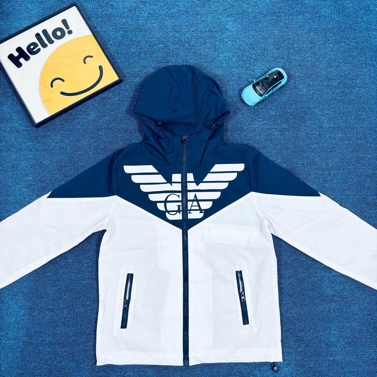 Armani Vintage Outdoor Windbreaker Jacket – Blue & White Contrast Hoodie, Rare 2025 FW Edition, Near New Condition