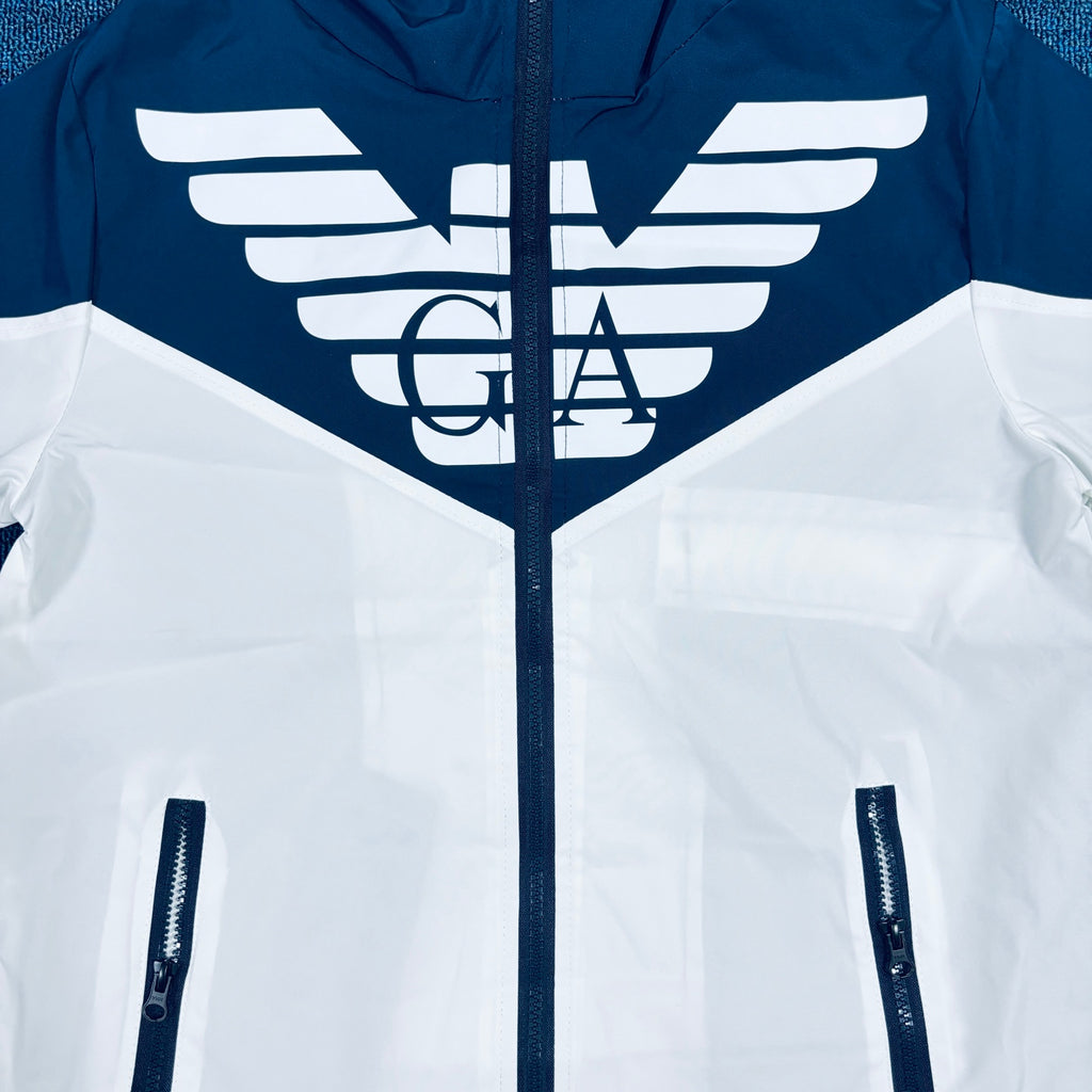 Armani Vintage Outdoor Windbreaker Jacket – Blue & White Contrast Hoodie, Rare 2025 FW Edition, Near New Condition