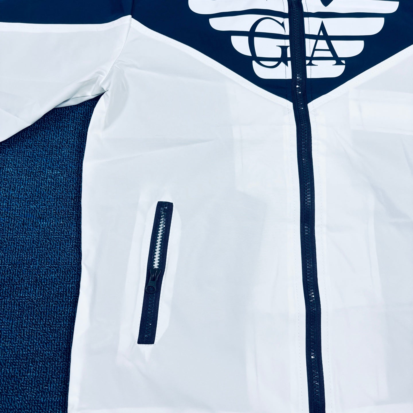 Armani Vintage Outdoor Windbreaker Jacket – Blue & White Contrast Hoodie, Rare 2025 FW Edition, Near New Condition