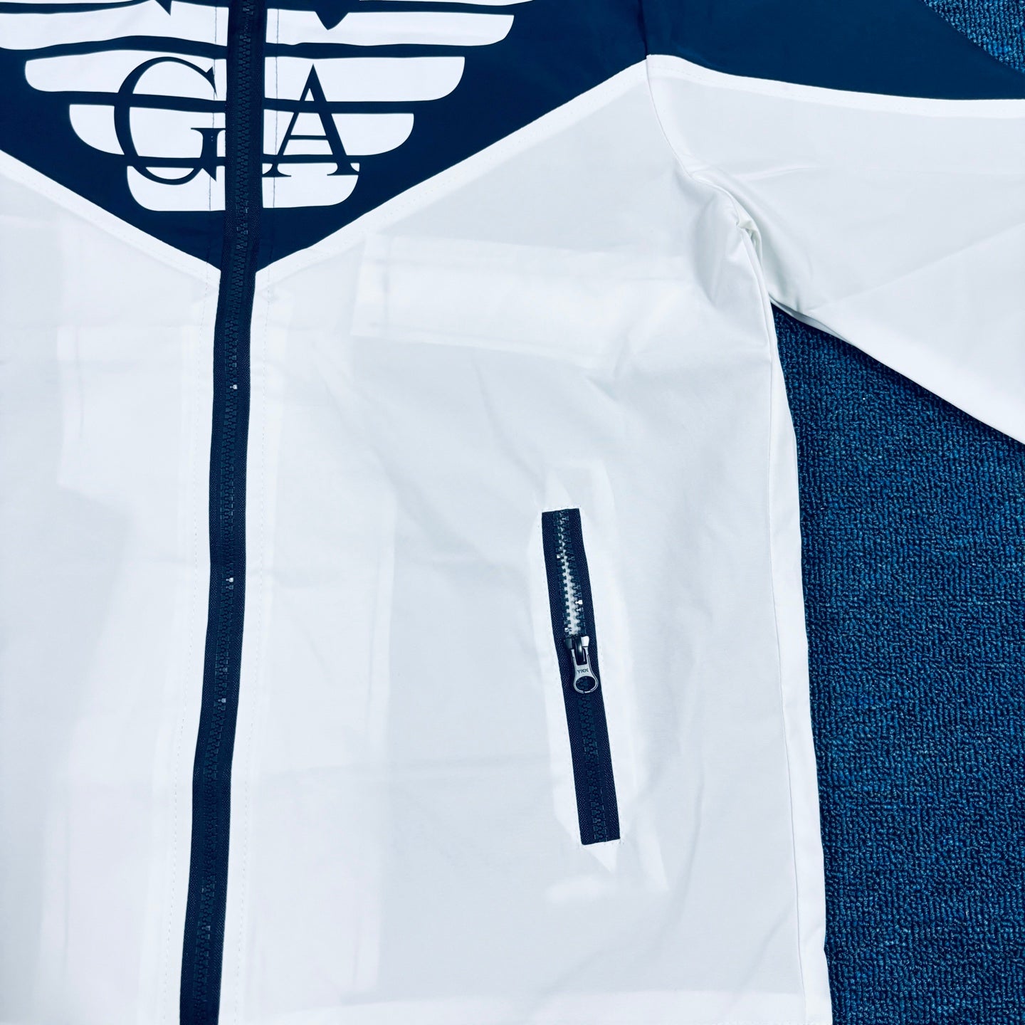 Armani Vintage Outdoor Windbreaker Jacket – Blue & White Contrast Hoodie, Rare 2025 FW Edition, Near New Condition