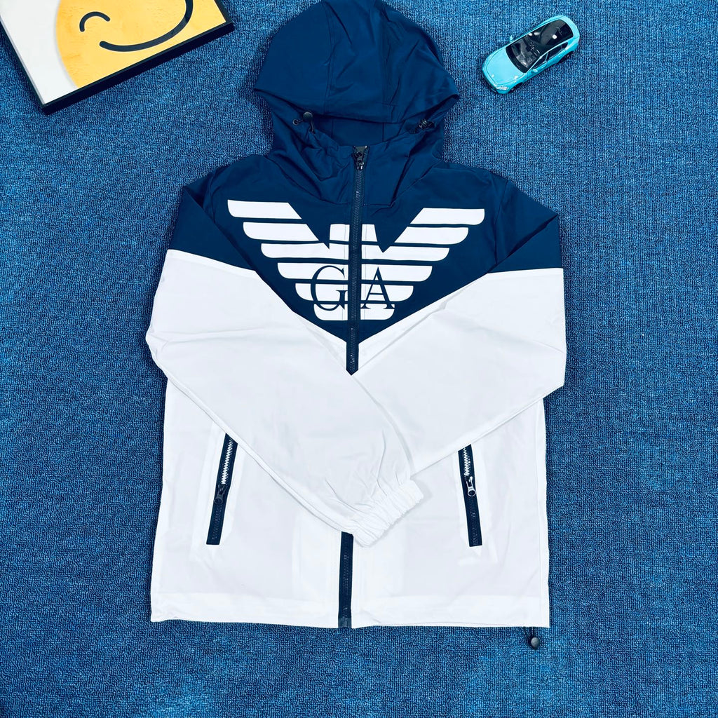 Armani Vintage Outdoor Windbreaker Jacket – Blue & White Contrast Hoodie, Rare 2025 FW Edition, Near New Condition