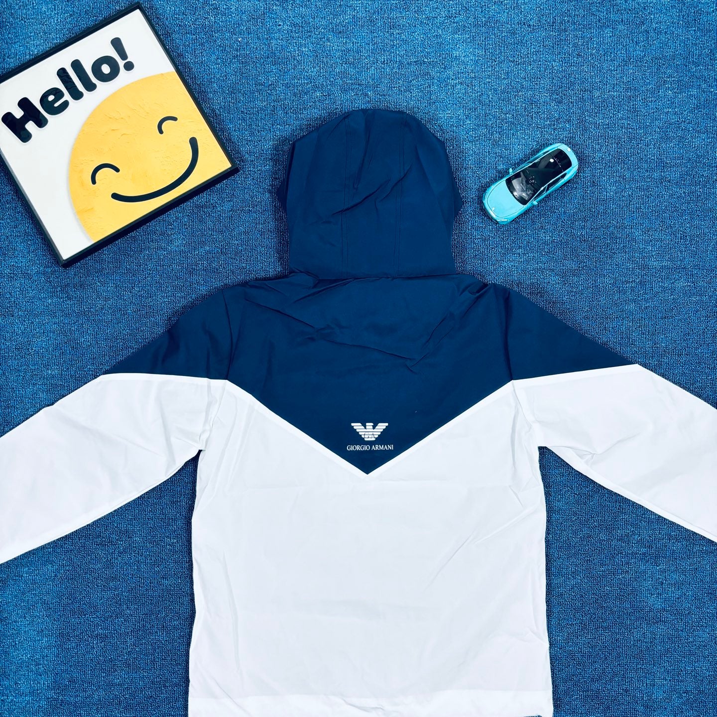 Armani Vintage Outdoor Windbreaker Jacket – Blue & White Contrast Hoodie, Rare 2025 FW Edition, Near New Condition
