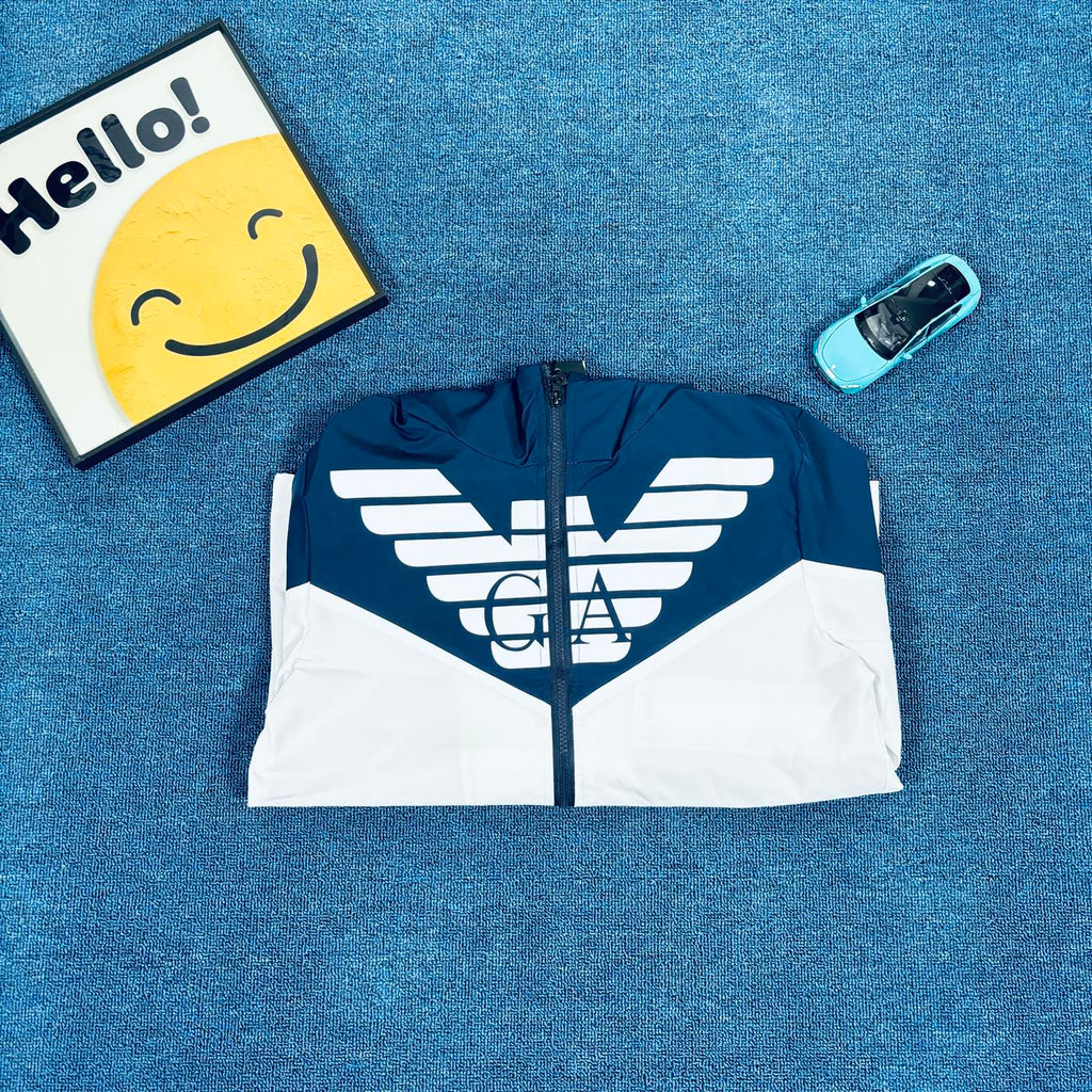 Armani Vintage Outdoor Windbreaker Jacket – Blue & White Contrast Hoodie, Rare 2025 FW Edition, Near New Condition