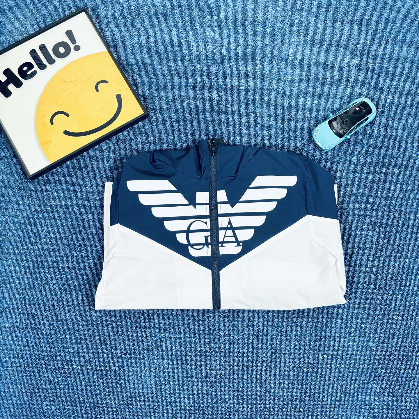 Armani Vintage Outdoor Windbreaker Jacket – Blue & White Contrast Hoodie, Rare 2025 FW Edition, Near New Condition