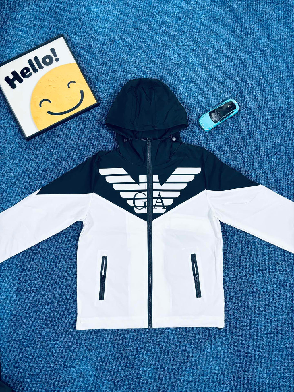 Armani Vintage Outdoor Windbreaker Jacket – Blue & White Contrast Hoodie, Rare 2025 FW Edition, Near New Condition
