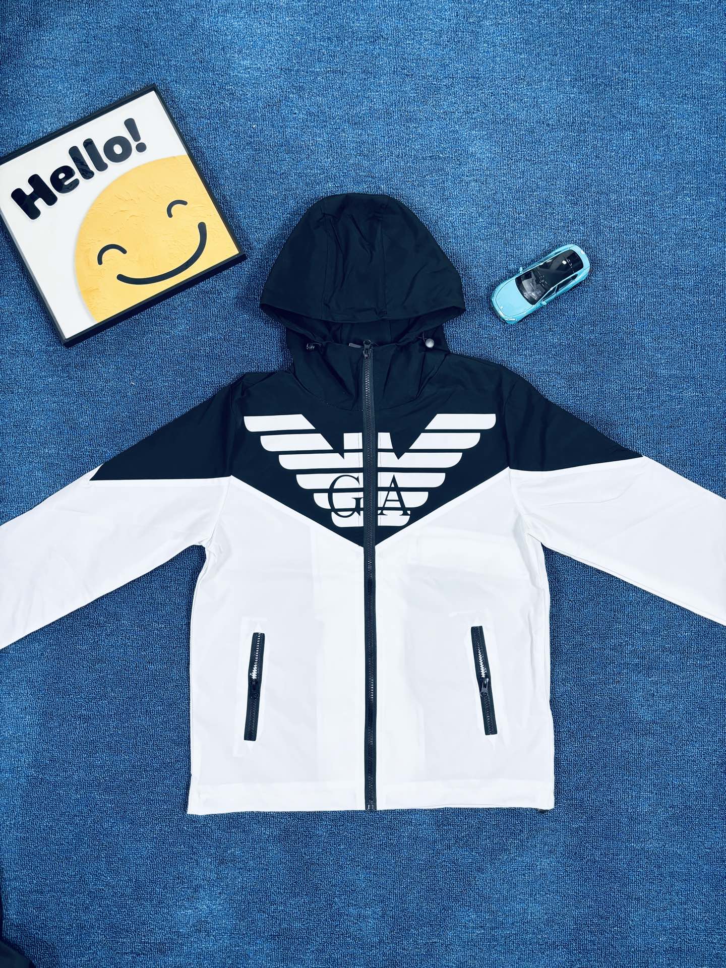 Armani Vintage Outdoor Windbreaker Jacket – Blue & White Contrast Hoodie, Rare 2025 FW Edition, Near New Condition