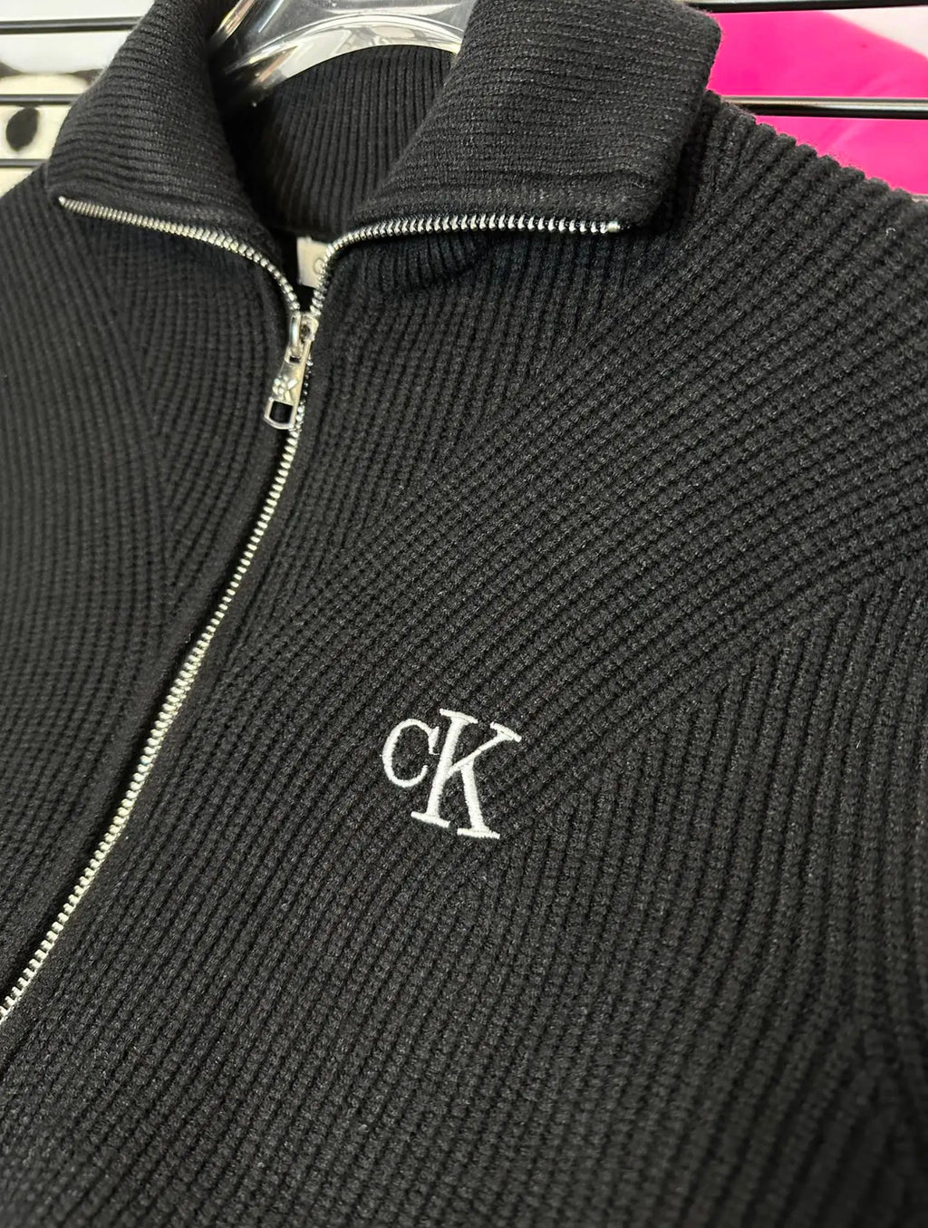 Calvin Klein CK Embroidered Logo Knit Jacket – Stand Collar Zipper Cardigan, Near New, Rare Exclusive