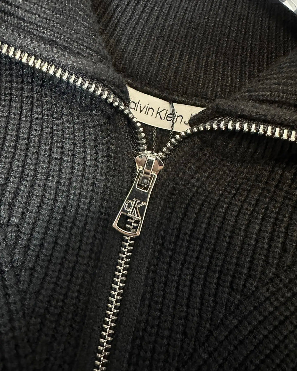 Calvin Klein CK Embroidered Logo Knit Jacket – Stand Collar Zipper Cardigan, Near New, Rare Exclusive