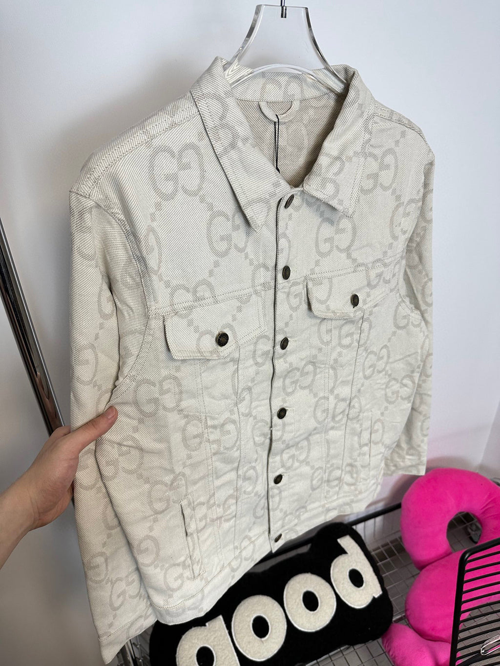 Pre-Owned Gucci GG Monogram Denim Jacket – Vintage Jacquard Logo Pattern, Timeless Statement Piece