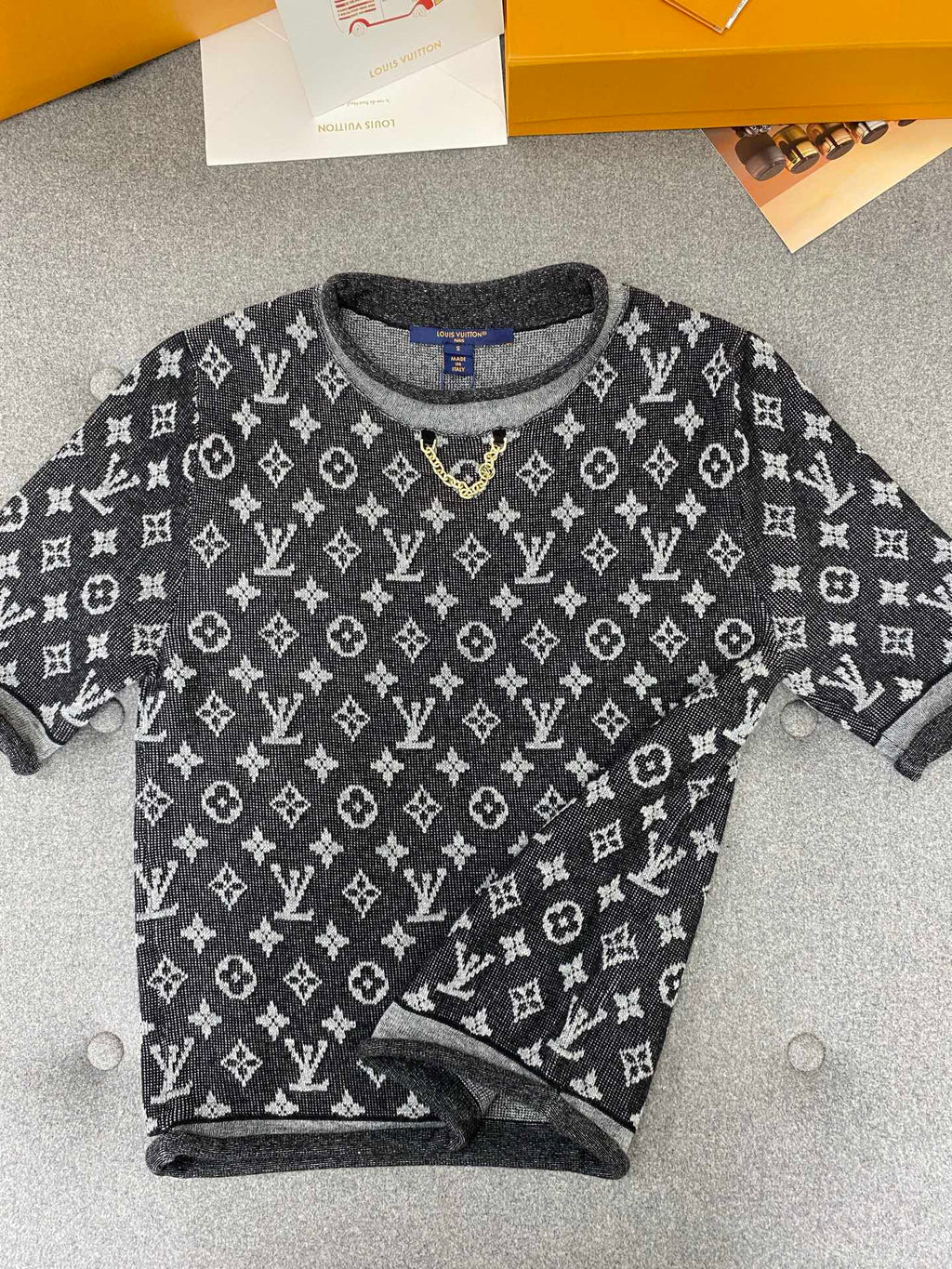 Pre-Owned LV Monogram Jacquard Knit T-Shirt – Luxury Short-Sleeve Top, Like New