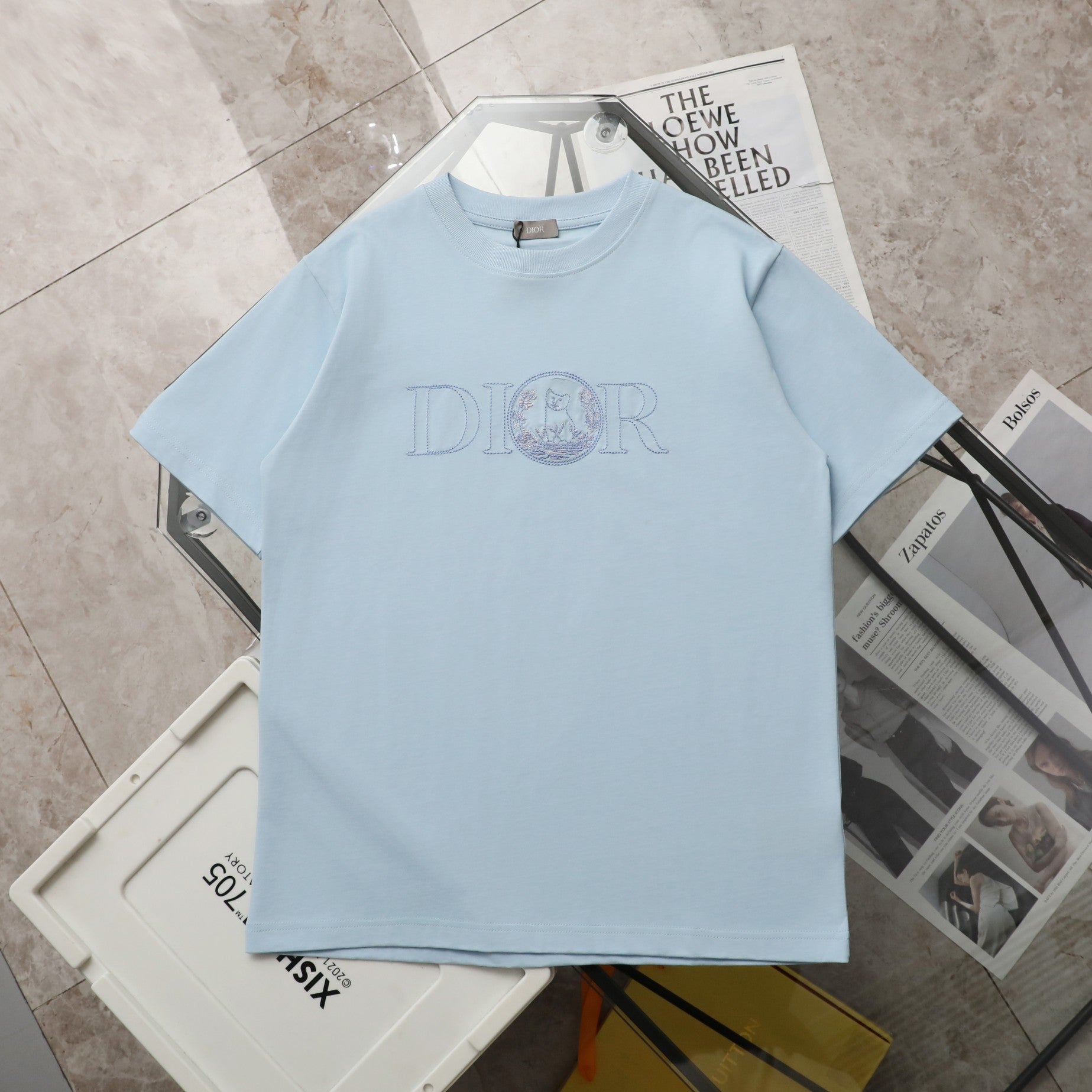Pre-Owned Dior Embroidered Logo T-Shirt – Light Blue Crew Neck Tee, Minimalist Luxury Style