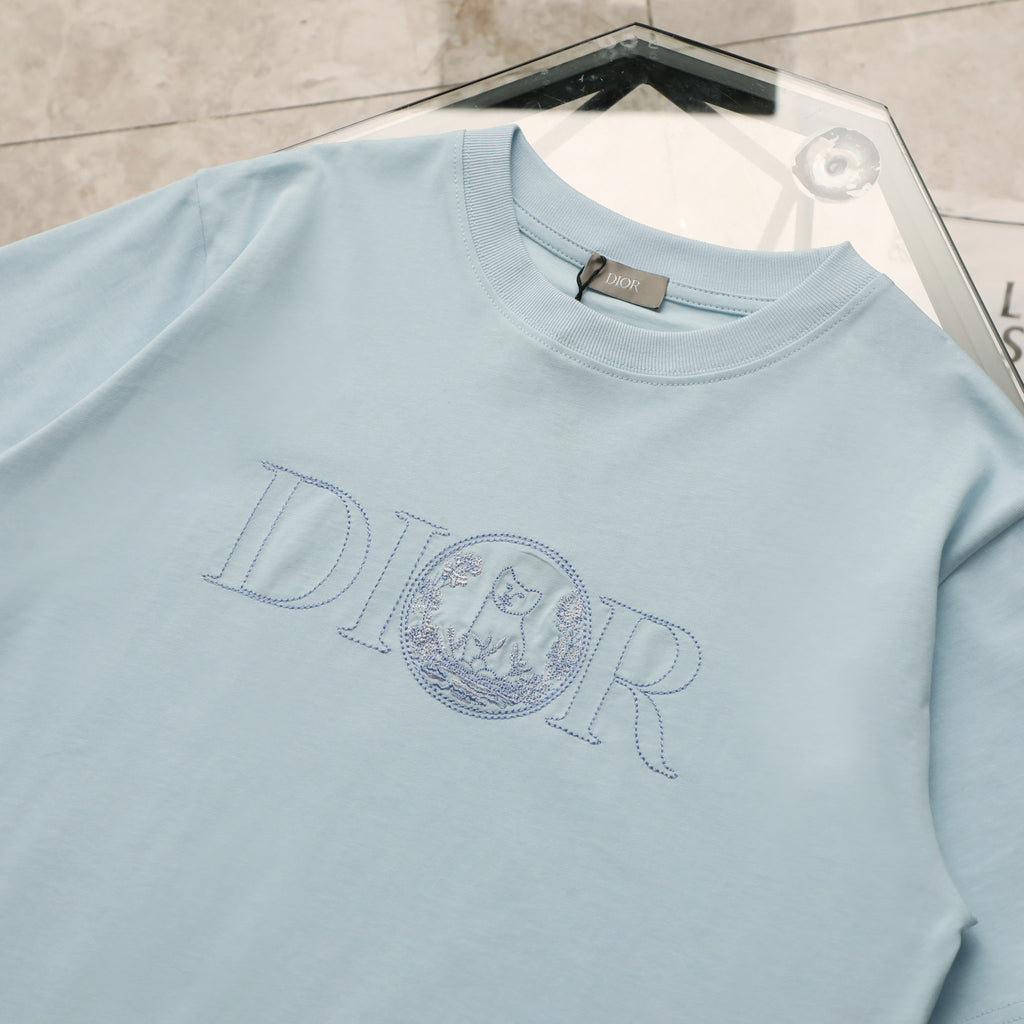 Pre-Owned Dior Embroidered Logo T-Shirt – Light Blue Crew Neck Tee, Minimalist Luxury Style