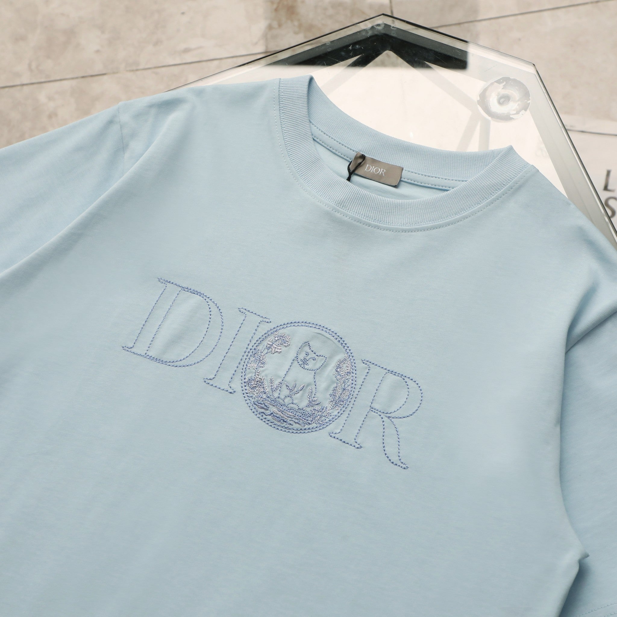 Pre-Owned Dior Embroidered Logo T-Shirt – Light Blue Crew Neck Tee, Minimalist Luxury Style