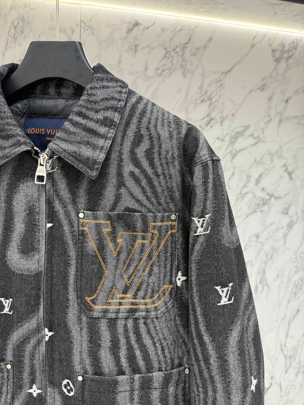 Pre-Owned LV Monogram Re-Nylon Down Jacket – Luxury Feather Puffer with Metallic Accents, Like New
