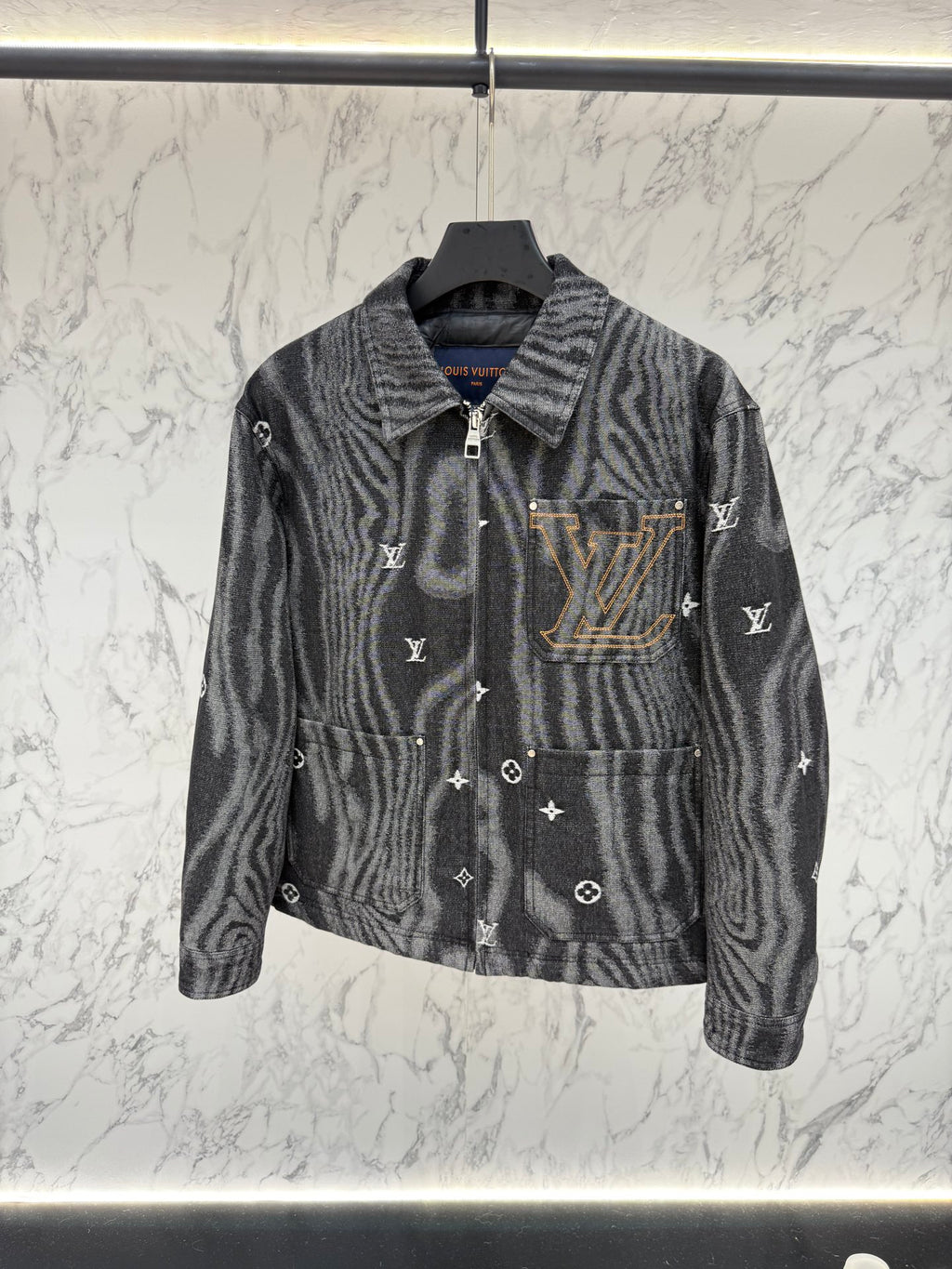 Pre-Owned LV Monogram Re-Nylon Down Jacket – Luxury Feather Puffer with Metallic Accents, Like New