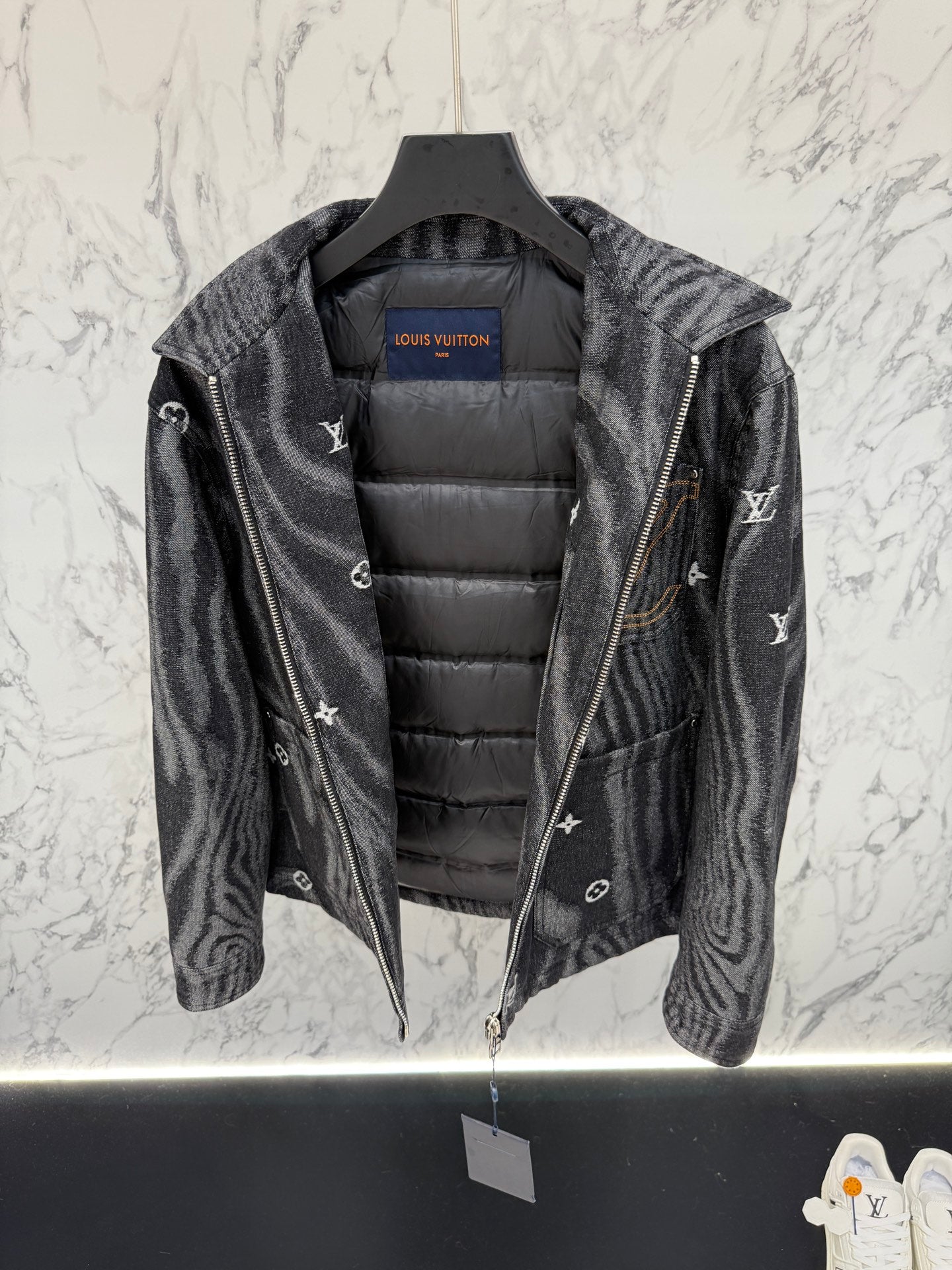 Pre-Owned LV Monogram Re-Nylon Down Jacket – Luxury Feather Puffer with Metallic Accents, Like New