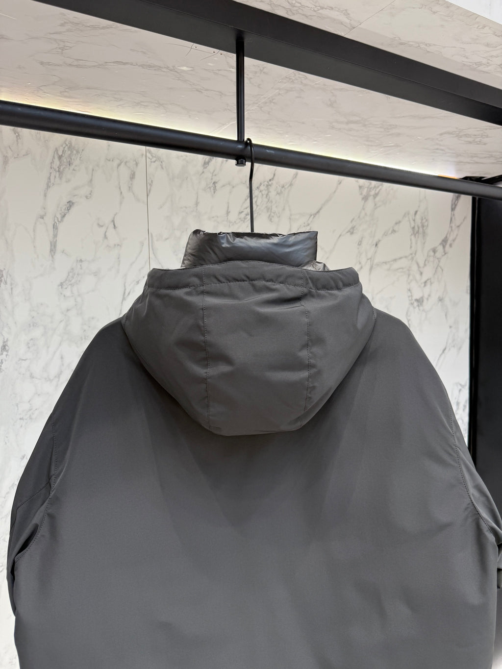 Pre-Owned Prada Nylon Down Jacket – Luxury Hooded Puffer with Metal Logo, Classic Black, Like New