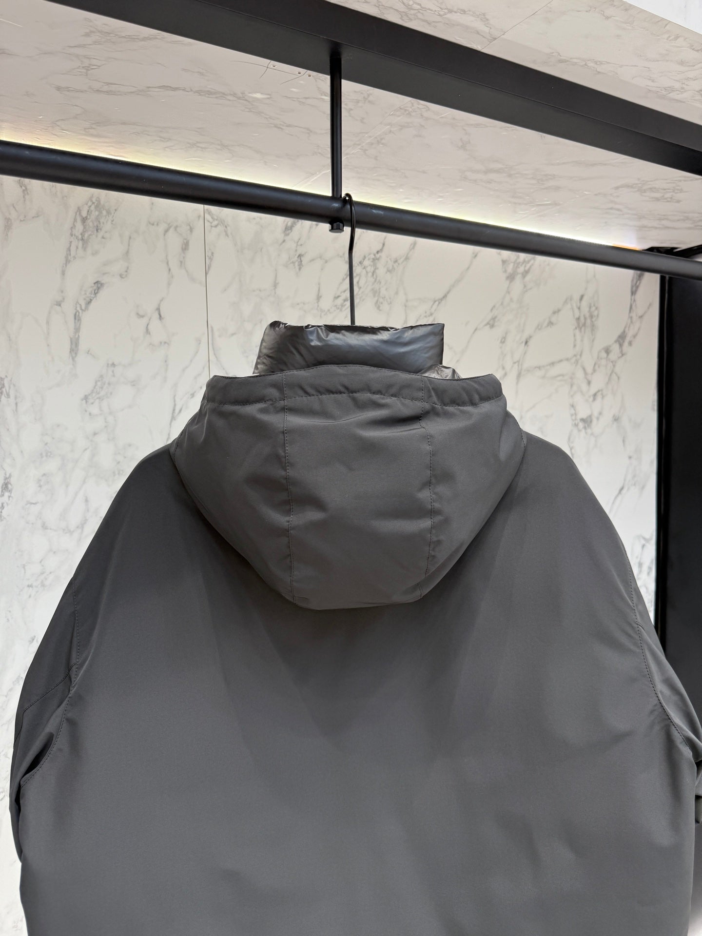 Pre-Owned Prada Nylon Down Jacket – Luxury Hooded Puffer with Metal Logo, Classic Black, Like New