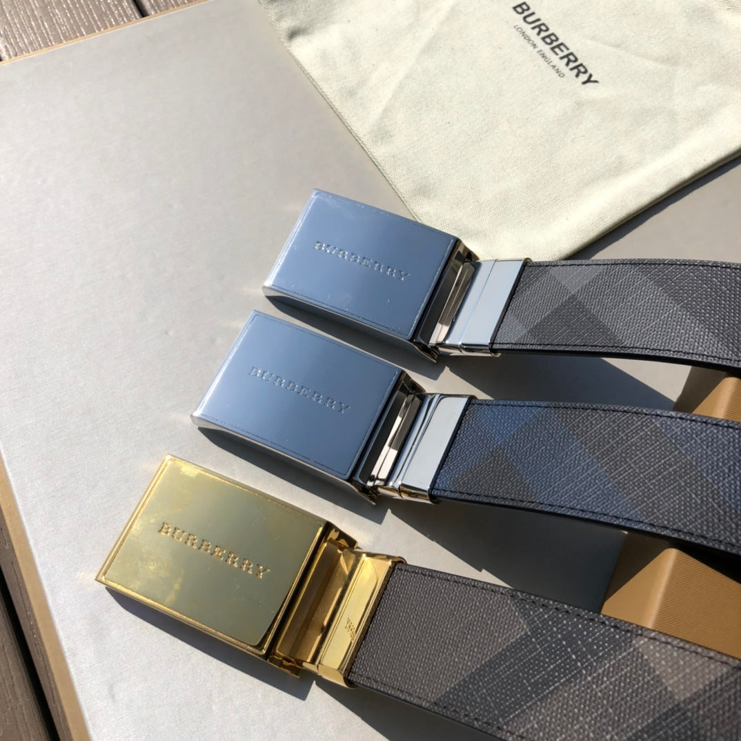 Pre-Owned Burberry Men’s London Check Reversible Leather Belt with TB Logo Buckle, 3.5cm Width