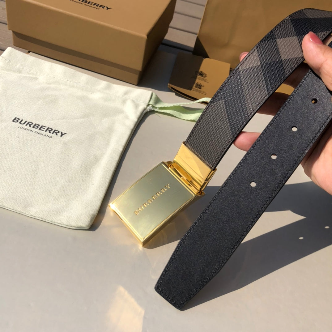 Pre-Owned Burberry Men’s London Check Reversible Leather Belt with TB Logo Buckle, 3.5cm Width