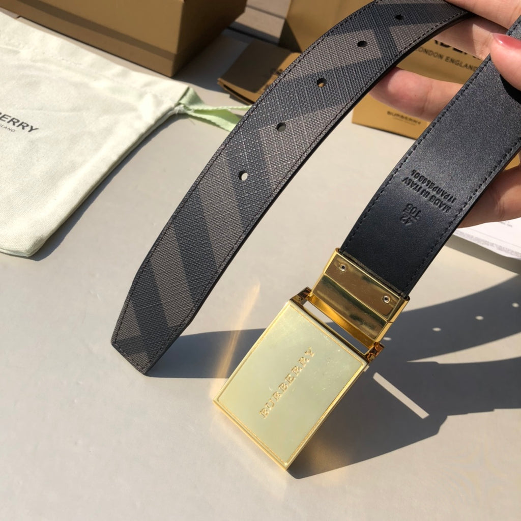 Pre-Owned Burberry Men’s London Check Reversible Leather Belt with TB Logo Buckle, 3.5cm Width