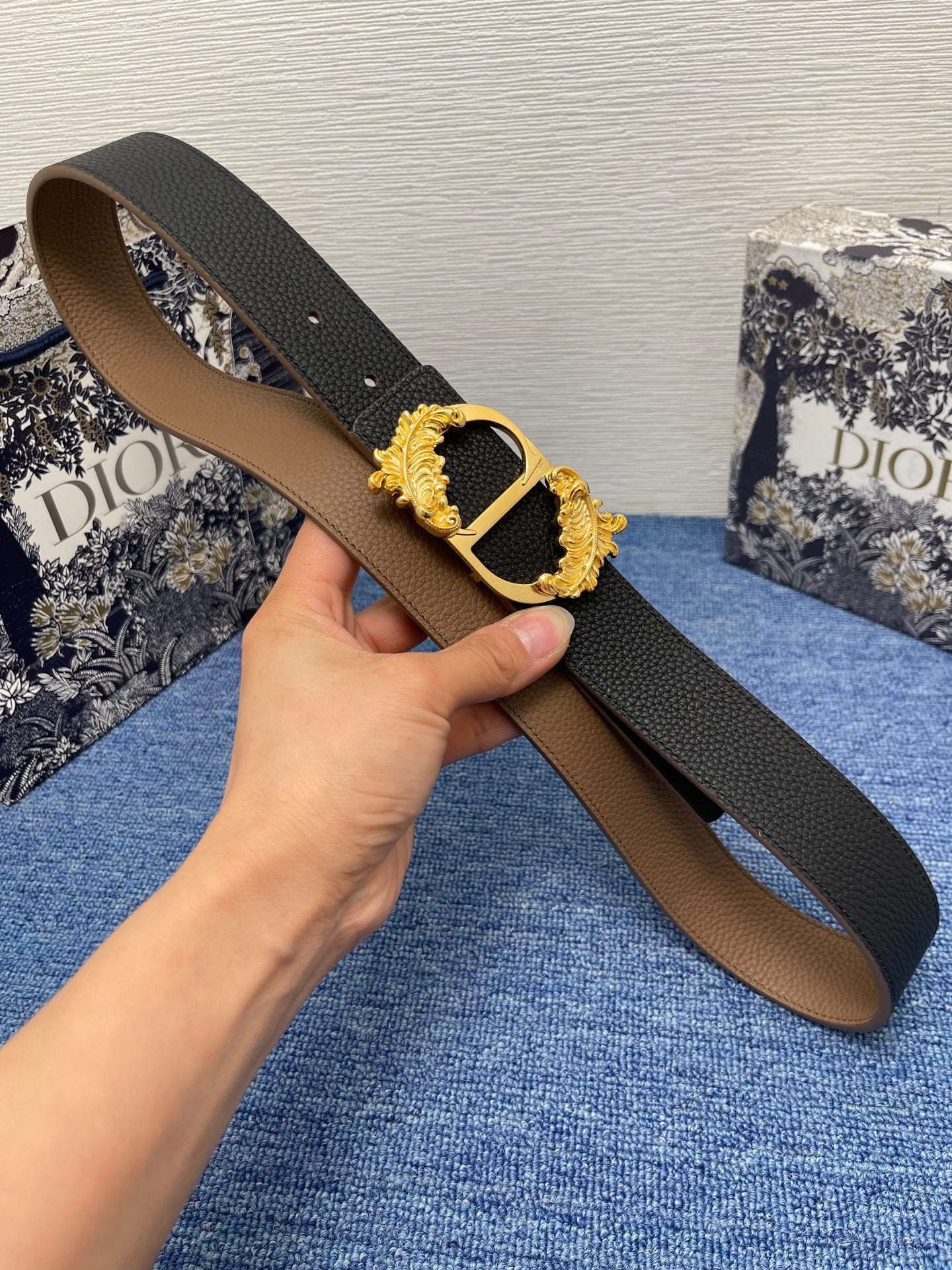 Pre-Owned Dior Men’s Calfskin Leather Belt with Gold-Finish Brass Buckle, 3.5cm Width