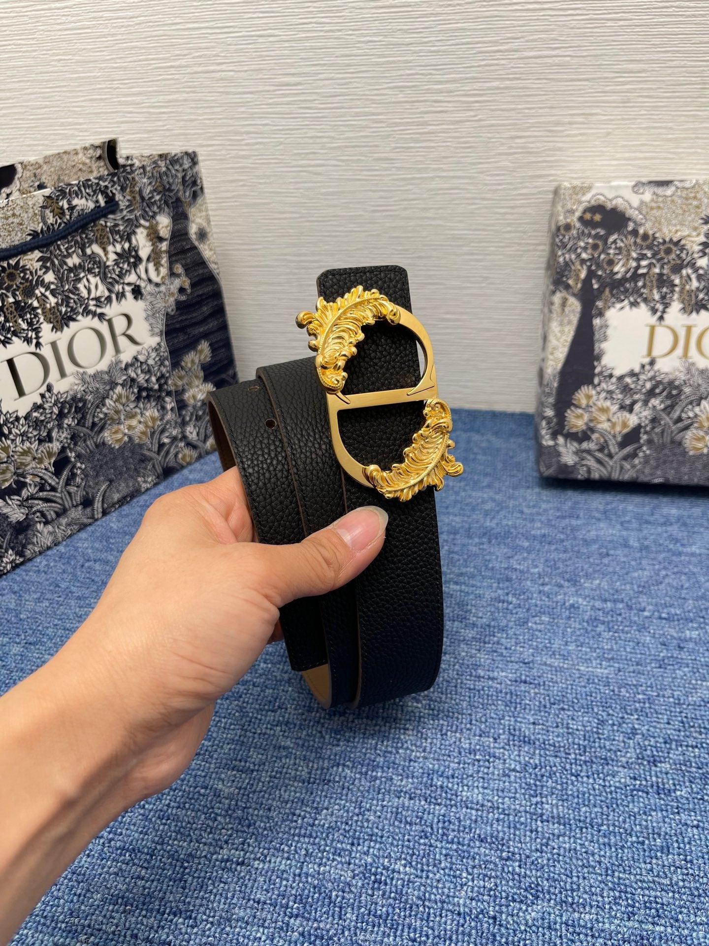 Pre-Owned Dior Men’s Calfskin Leather Belt with Gold-Finish Brass Buckle, 3.5cm Width