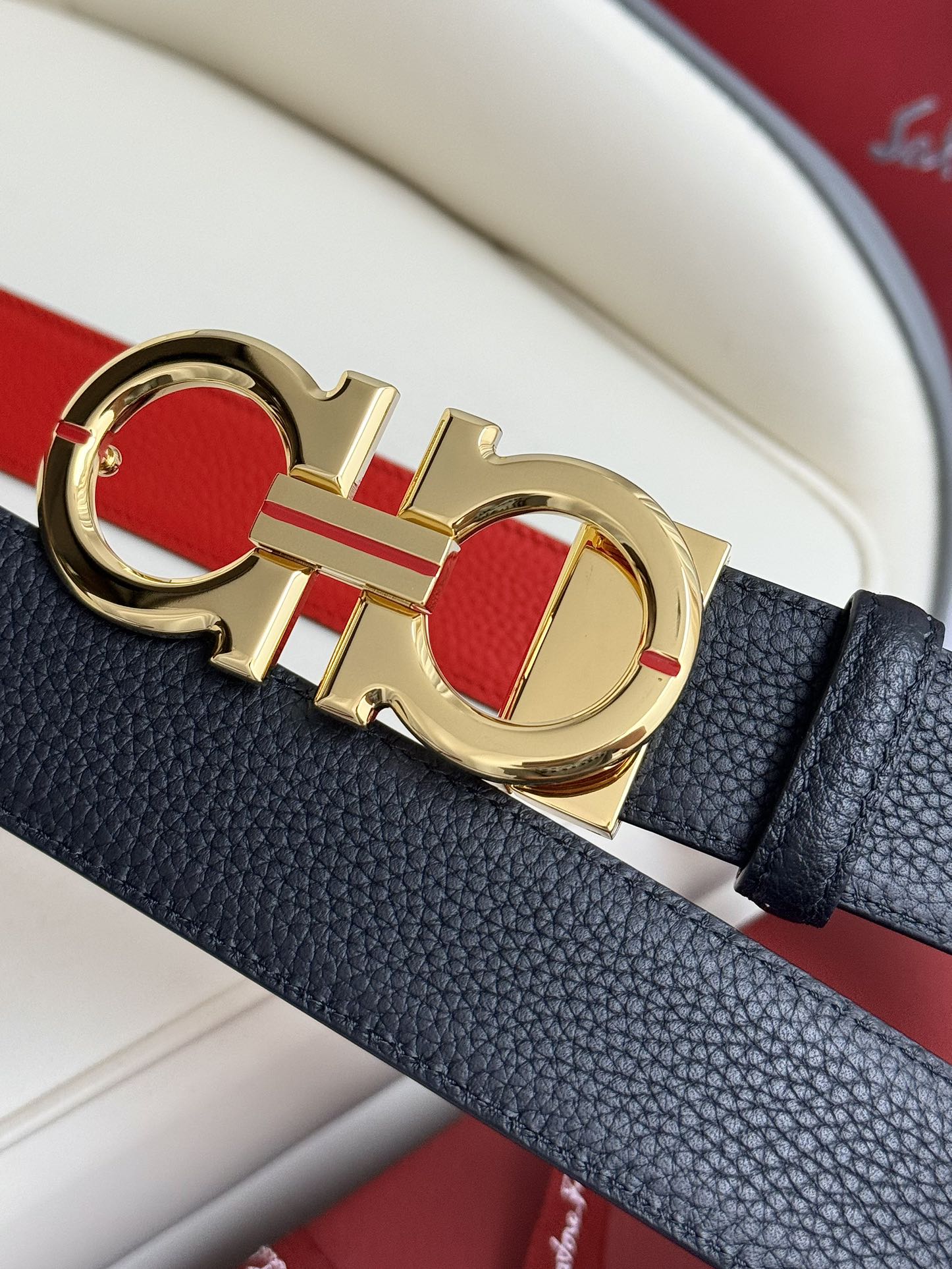 Ferragamo Reversible Leather Belt 3.5cm with Polished Brass Gancini Buckle