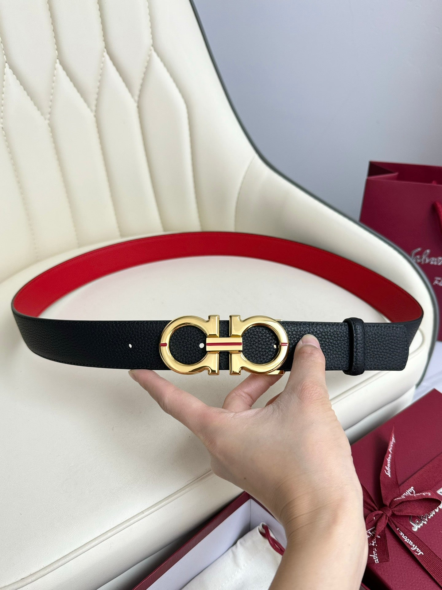 Ferragamo Reversible Leather Belt 3.5cm with Polished Brass Gancini Buckle