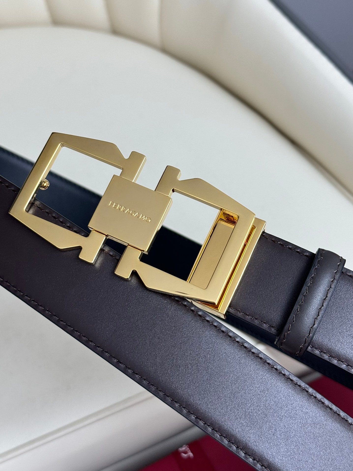 Ferragamo Reversible Leather Belt 3.5cm with Polished Brass Buckle
