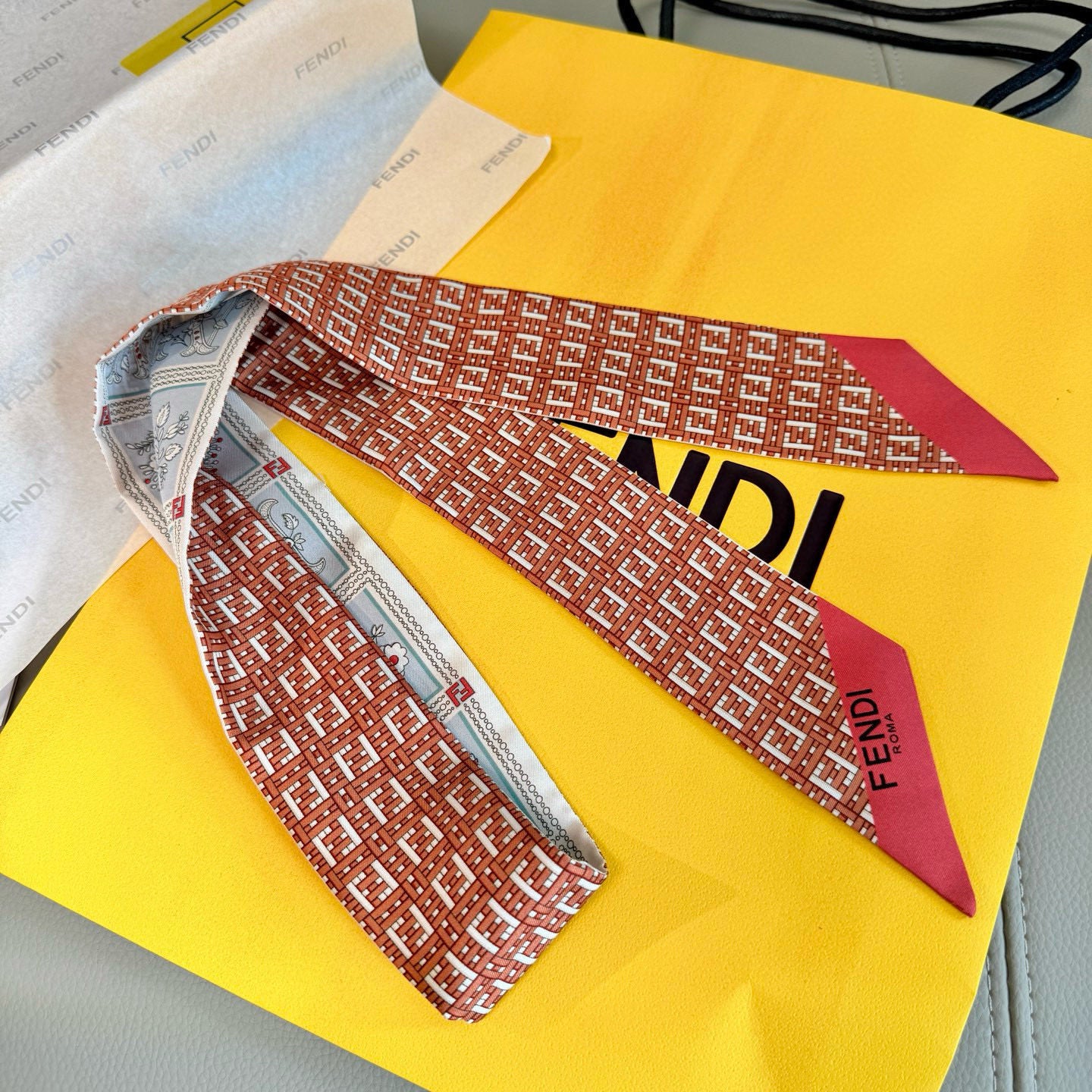 Pre-Owned Fendi Silk Twilly Scarf – Double-Sided Print, Hair & Bag Ribbon