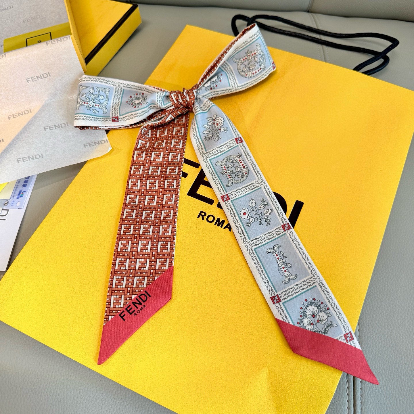 Pre-Owned Fendi Silk Twilly Scarf – Double-Sided Print, Hair & Bag Ribbon