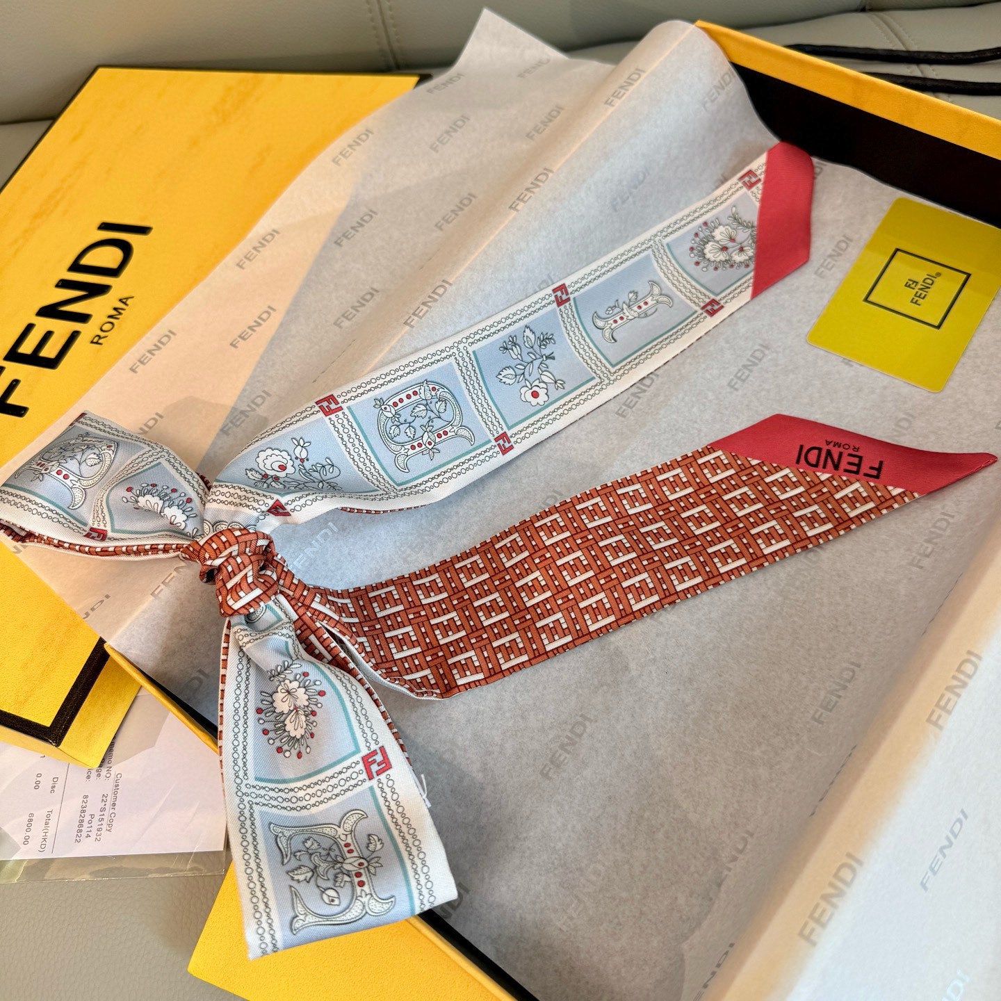Pre-Owned Fendi Silk Twilly Scarf – Double-Sided Print, Hair & Bag Ribbon