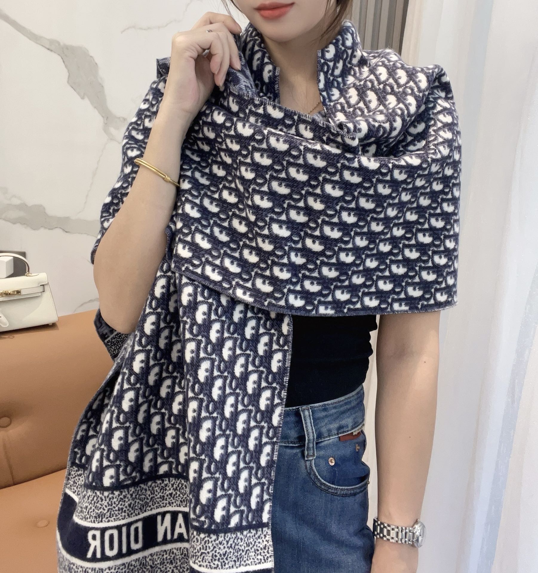 Pre-Owned Dior Oblique Wool-Cashmere Long Scarf – Grey & Blue
