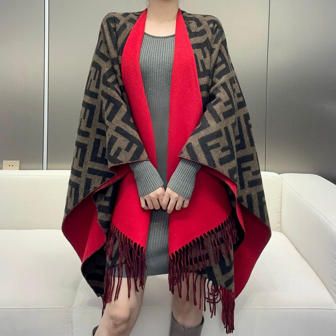 Pre-Owned Fendi FF Monogram Reversible Wool-Cashmere Shawl – Red & Grey