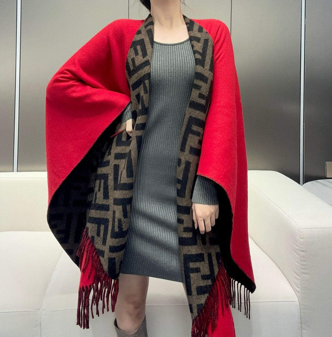 Pre-Owned Fendi FF Monogram Reversible Wool-Cashmere Shawl – Red & Grey