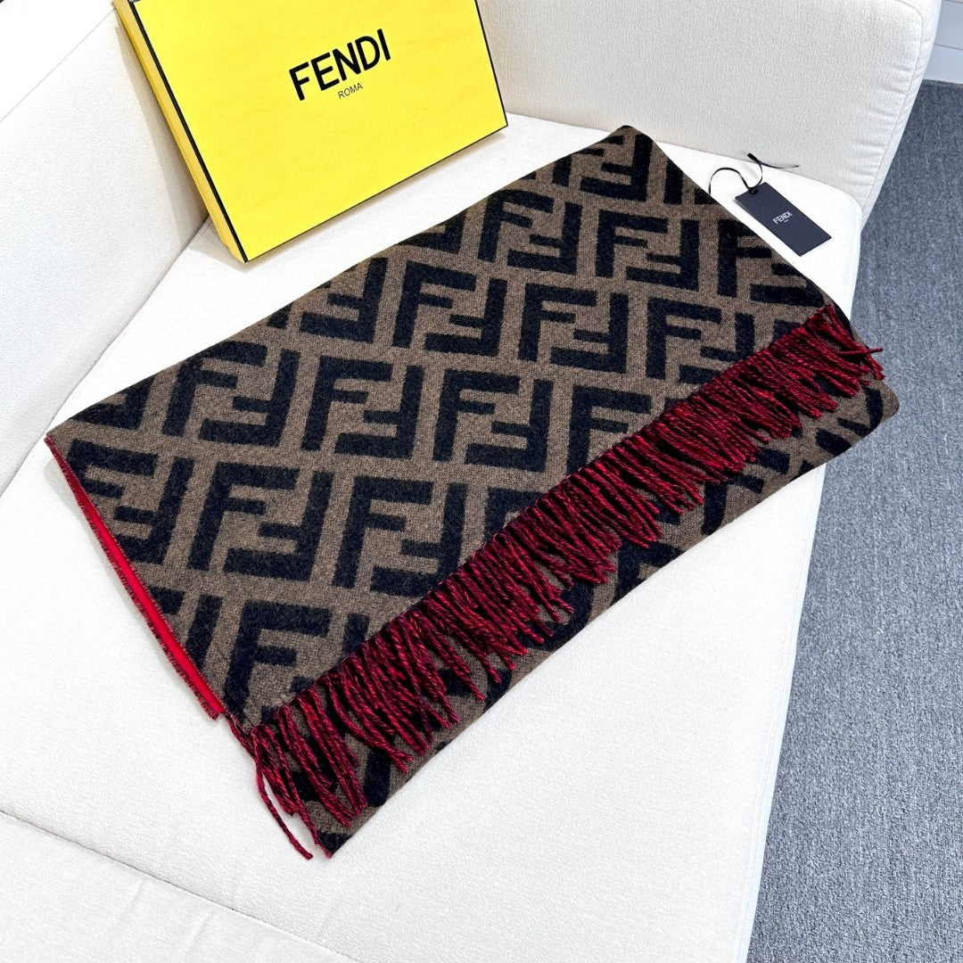 Pre-Owned Fendi FF Monogram Reversible Wool-Cashmere Shawl – Red & Grey
