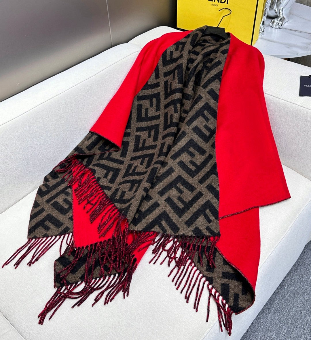 Pre-Owned Fendi FF Monogram Reversible Wool-Cashmere Shawl – Red & Grey