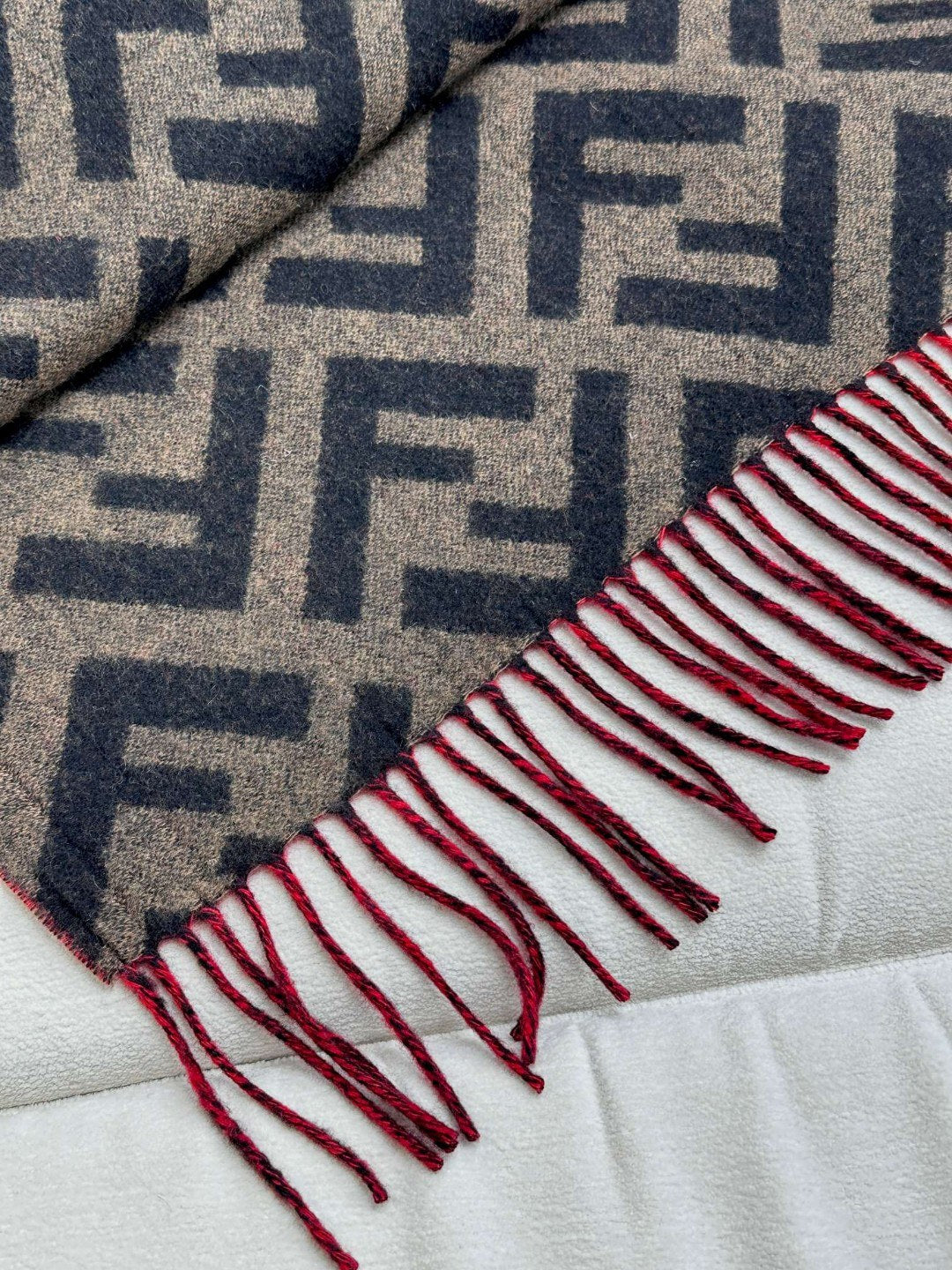 Pre-Owned Fendi FF Monogram Reversible Wool-Cashmere Shawl – Red & Grey