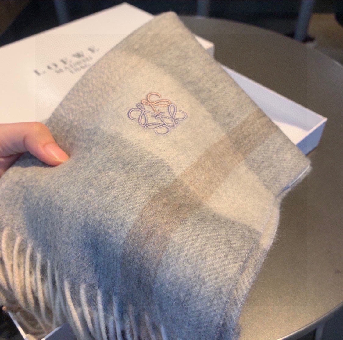 Pre-Owned LOEWE Checked Cashmere Scarf – Beige & Brown, 30×180cm