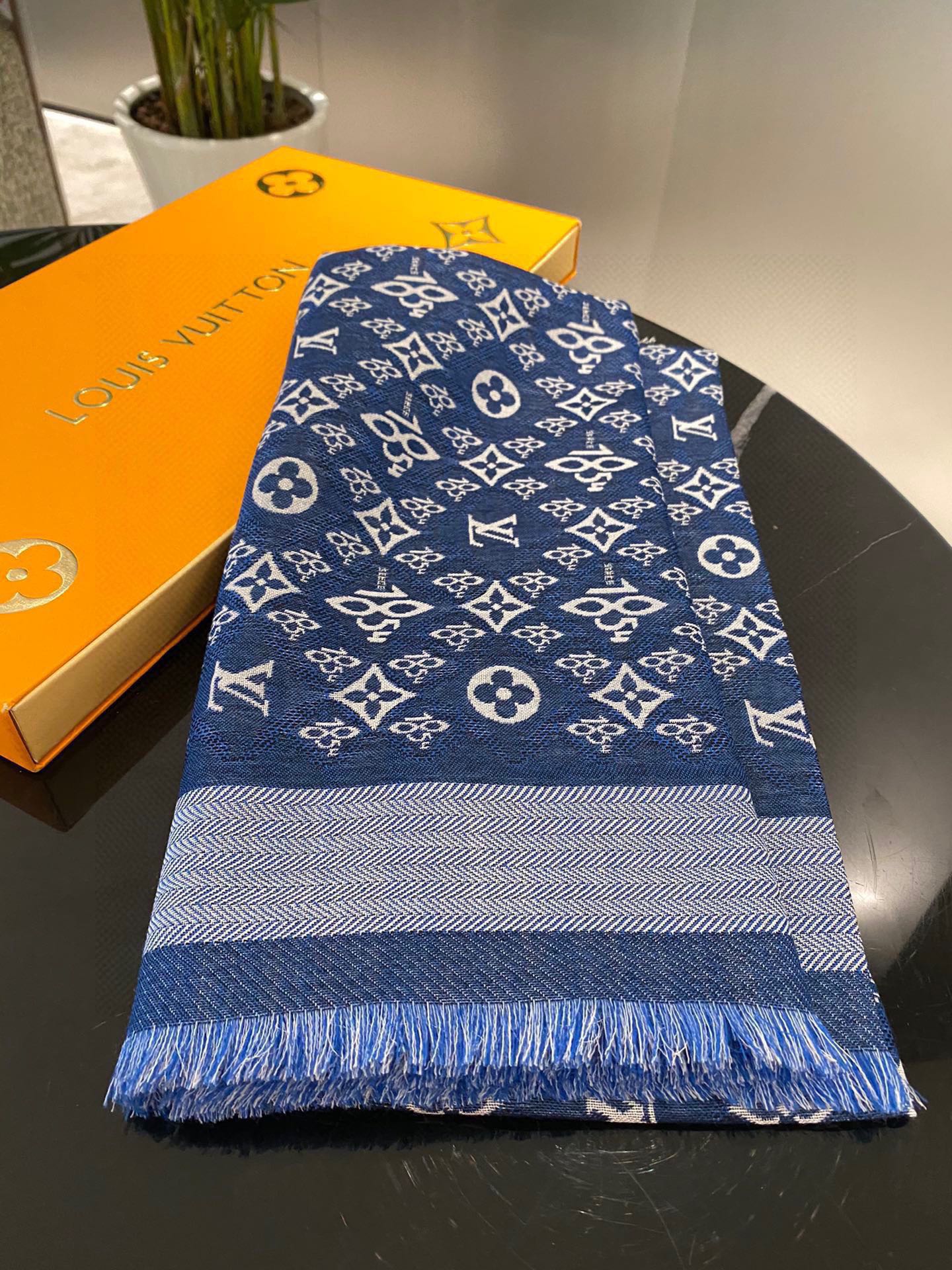 Pre-Owned Louis Vuitton Monogram Wool-Silk Square Scarf – Blue, 140×140cm