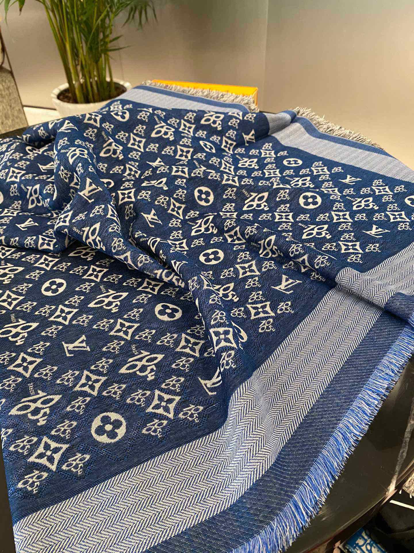 Pre-Owned Louis Vuitton Monogram Wool-Silk Square Scarf – Blue, 140×140cm