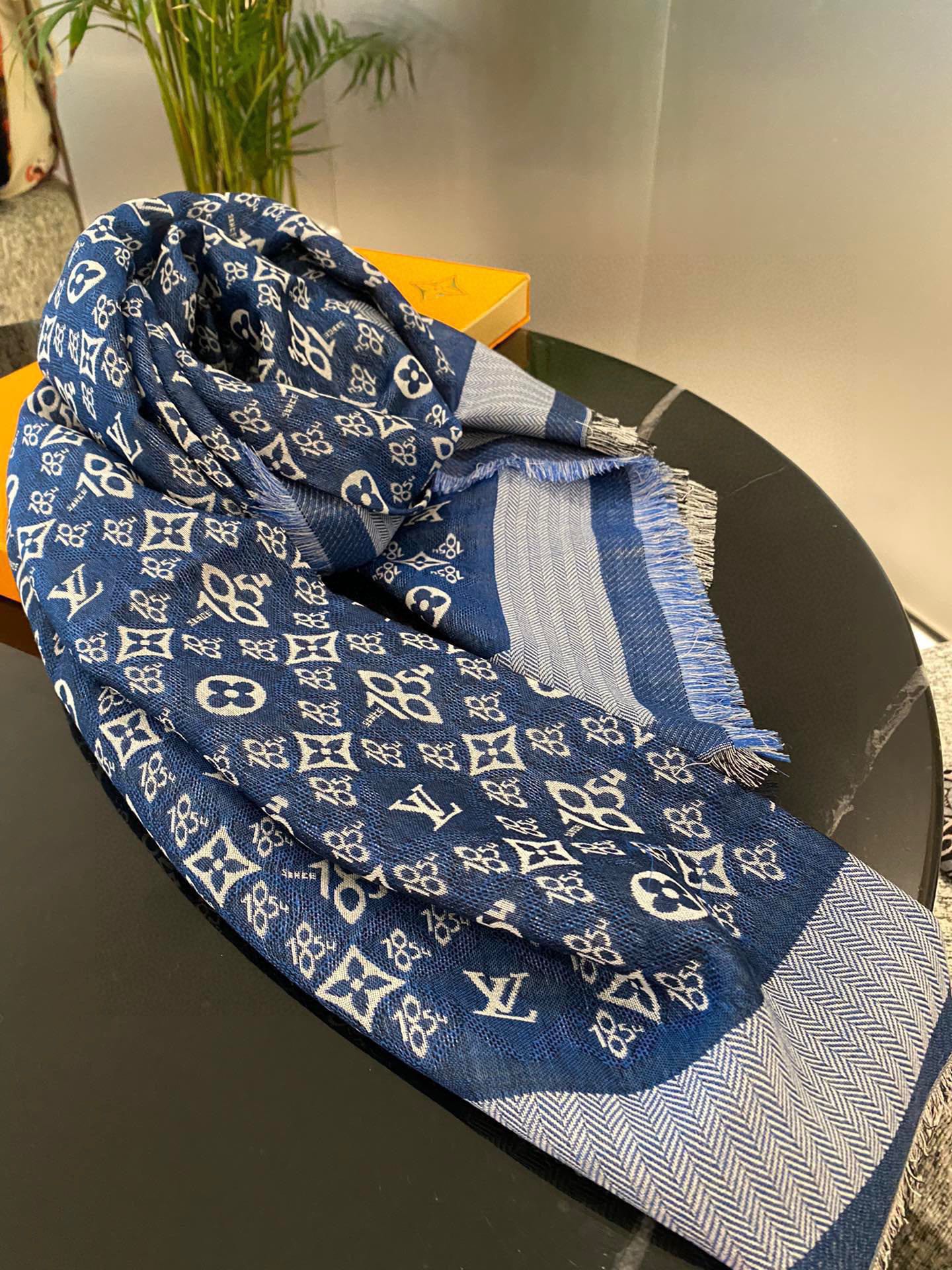 Pre-Owned Louis Vuitton Monogram Wool-Silk Square Scarf – Blue, 140×140cm