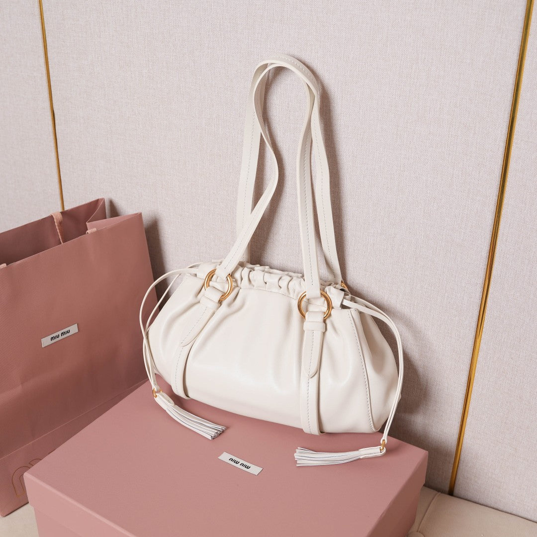 Pre-Owned Miu Miu Leather Hobo Bag – White Ruched Drawstring Design