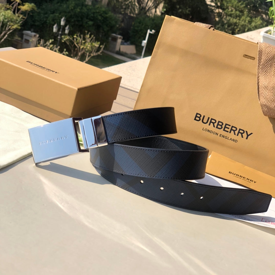 Pre-Owned Burberry Men’s London Check Reversible Leather Belt with TB Logo Buckle, 3.5cm Width