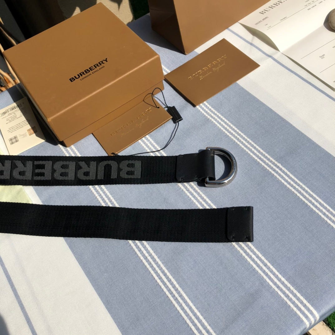 Pre-Owned Burberry Men’s Striped Webbing Leather Belt with Dual D-Ring Buckle, 4.0cm Width